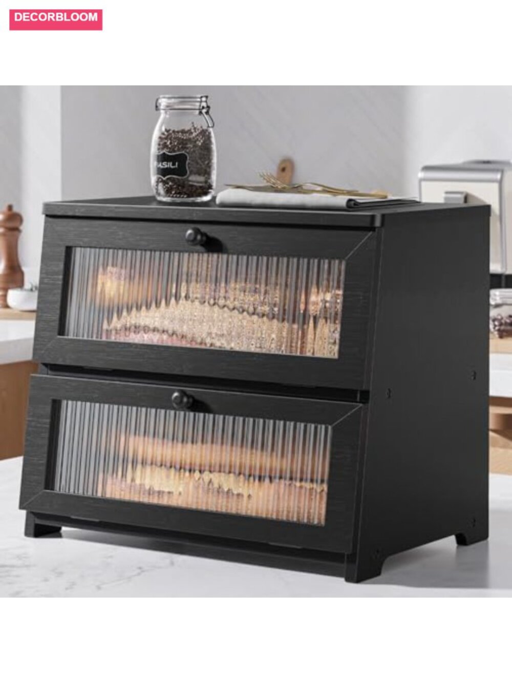 2-Tier Wooden Bread Box for Kitchen Countertop with Magnetic Door